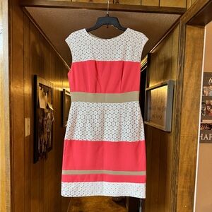 Sandra Darren Coral and Cream Blocked Sheath Dress with Tan Accents